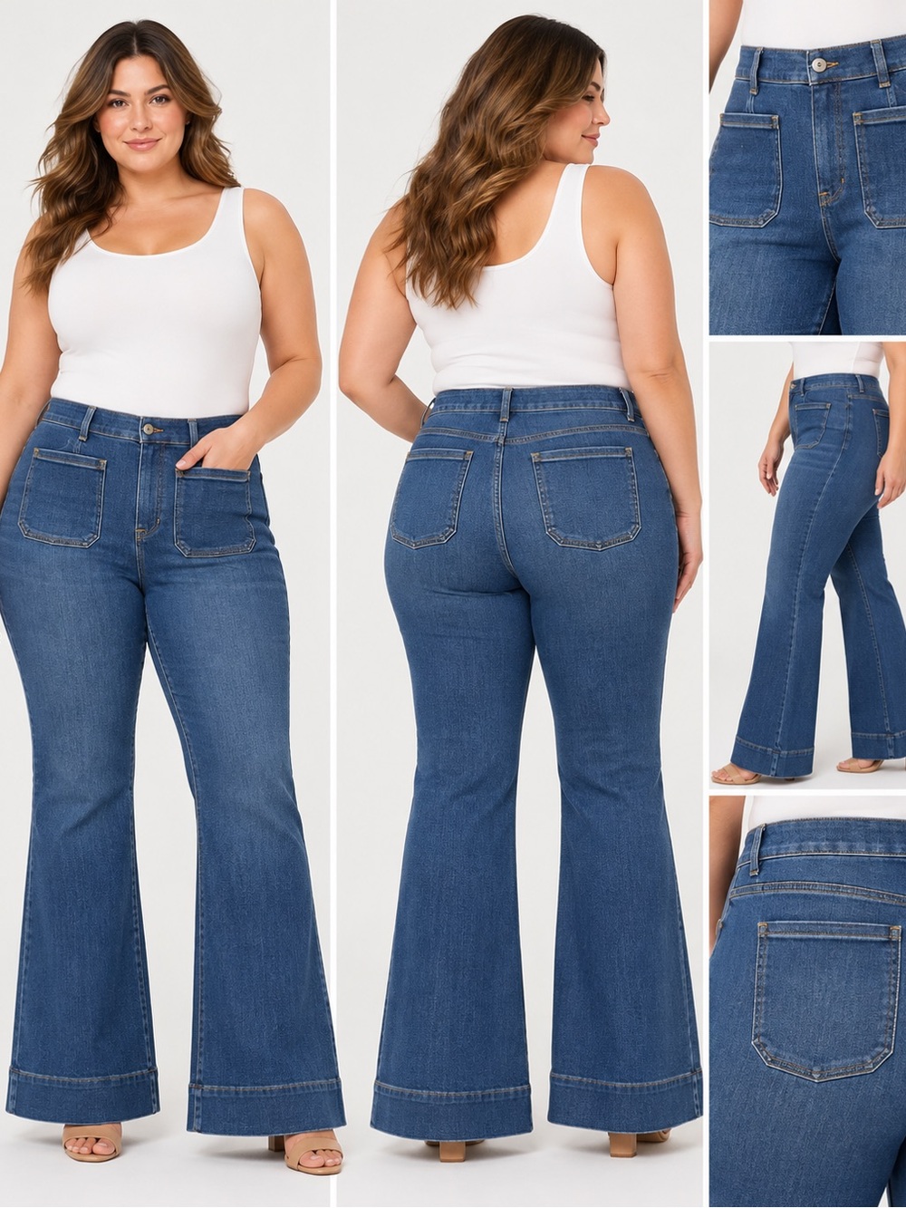 SPANX EveryWear Flare Jeans 1X Tall• Medium Blue • Patch Pockets Shaping Pull On